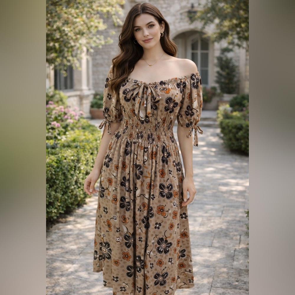 Chic Floral Long Sleeve Dress in Brown and Orange